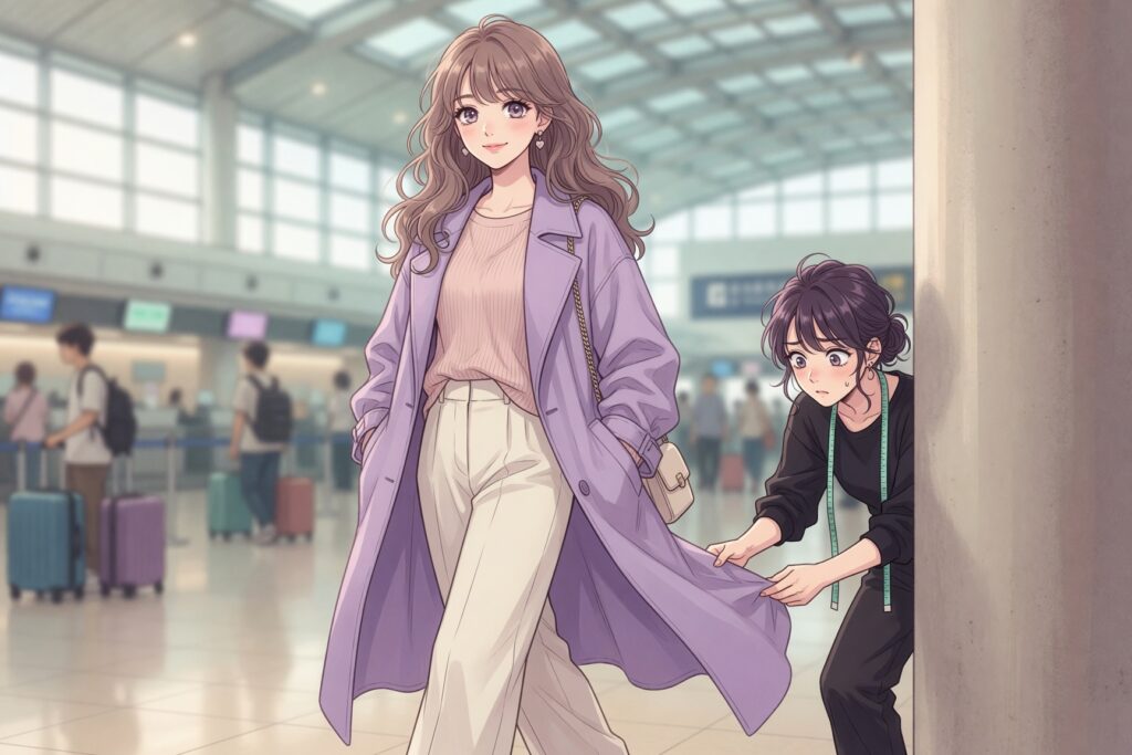 空港を歩くアイドルとコートを直すスタイリストのイラスト