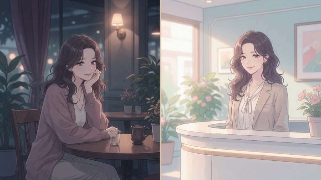 薄暗いカフェと明るい事務所の受付を対比した2分割イラスト
