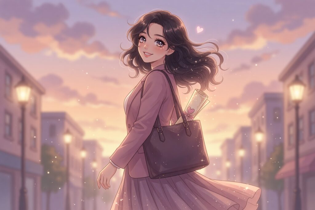 契約書をトートバッグに入れて持ち帰る笑顔の女性のイラスト