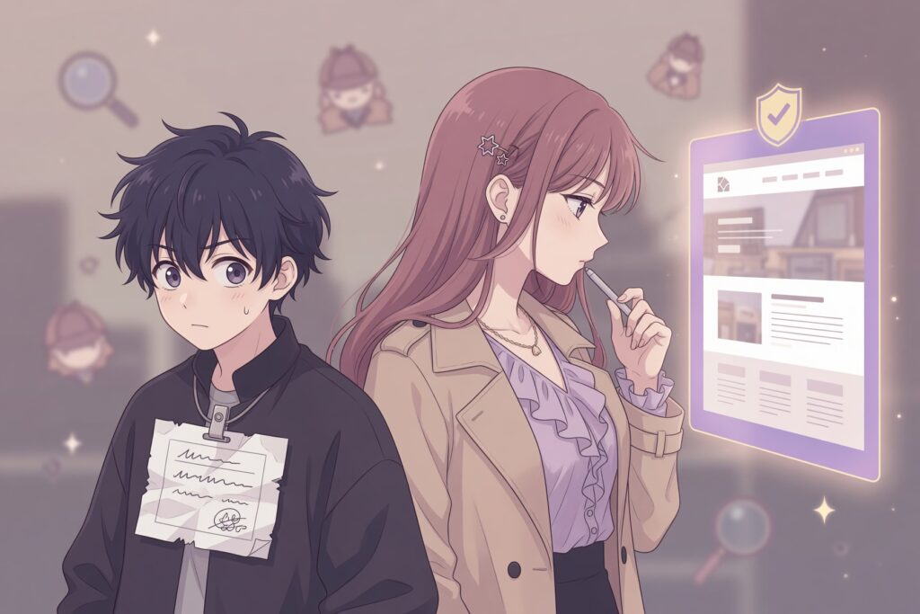 大きすぎる紙の名札を付けた怪しい人物と、公式サイトの画面で所属を確認する女性のイラスト