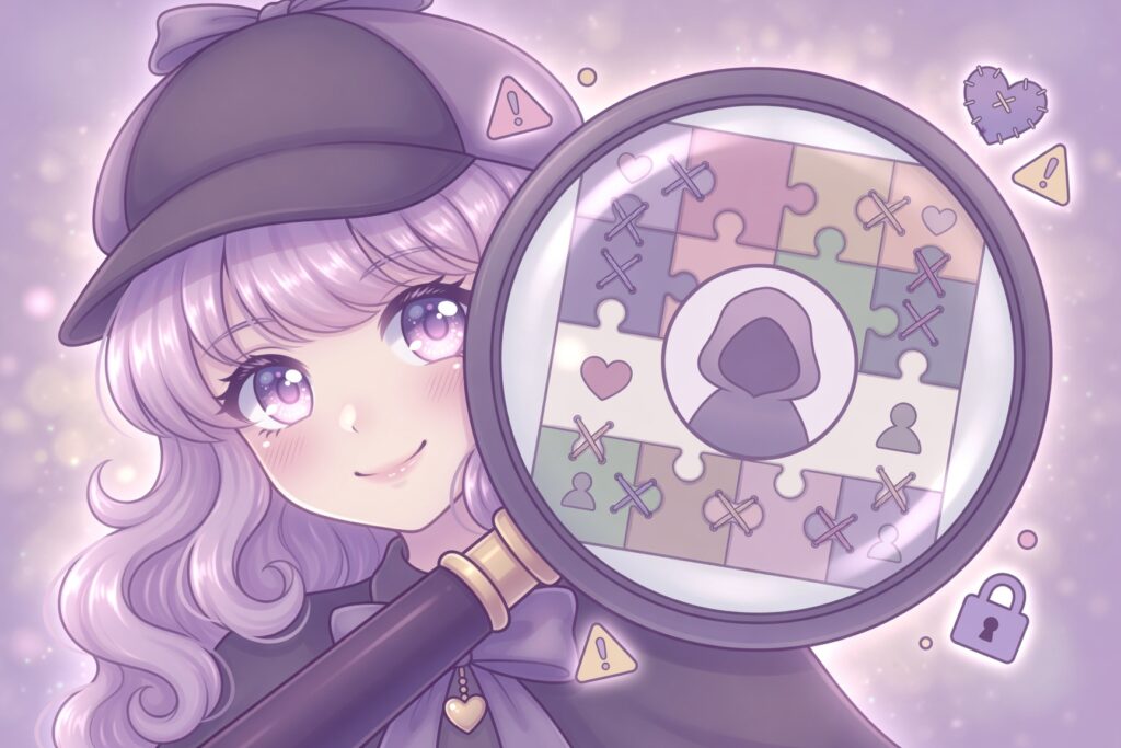 虫眼鏡の中に継ぎ接ぎされたSNSプロフィールを調べる探偵風の少女のイラスト