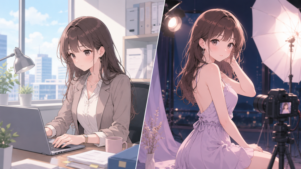 平日はオフィスで働き週末は撮影に臨む女性の対比イラスト