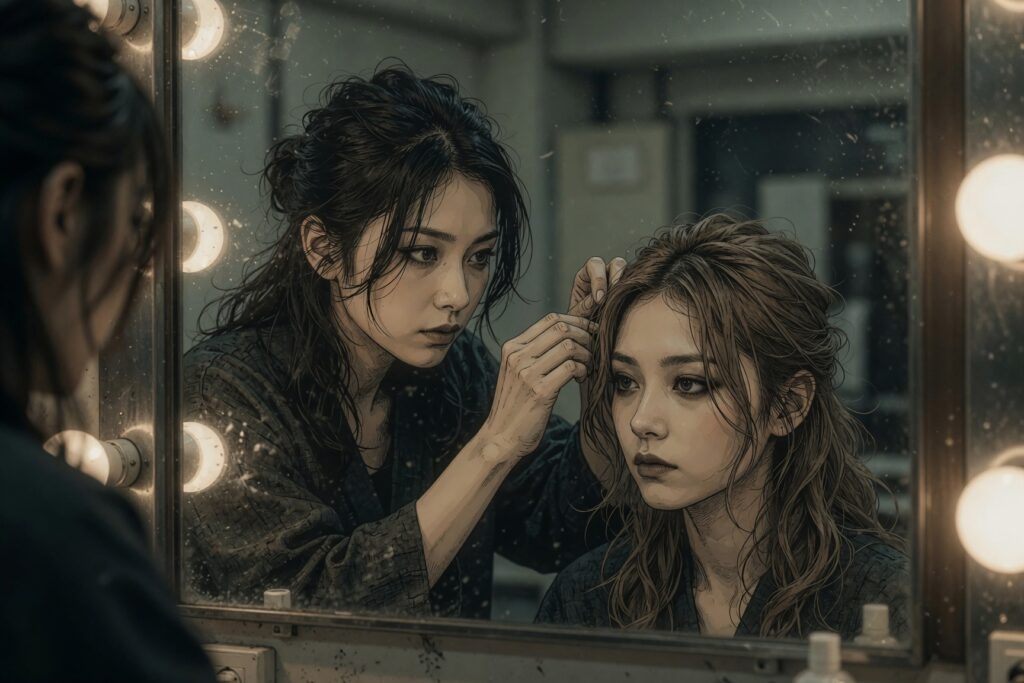 電球付きの鏡越しにモデルの髪を直すヘアメイクのイラスト