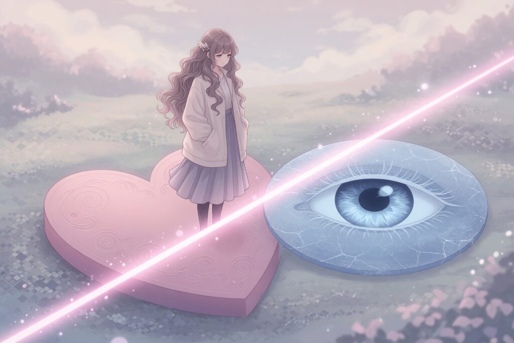 ハートと目の間に光る一線が引かれた象徴的イラスト