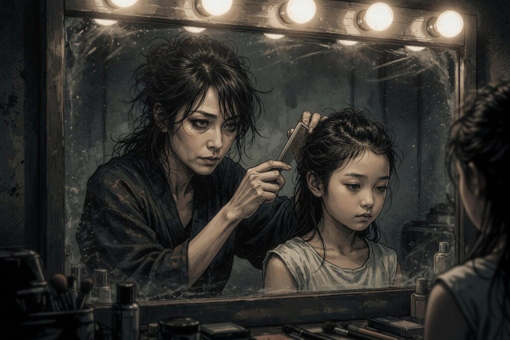 電球付きの鏡の前でジュニアモデルの髪を整えるヘアメイクのイラスト