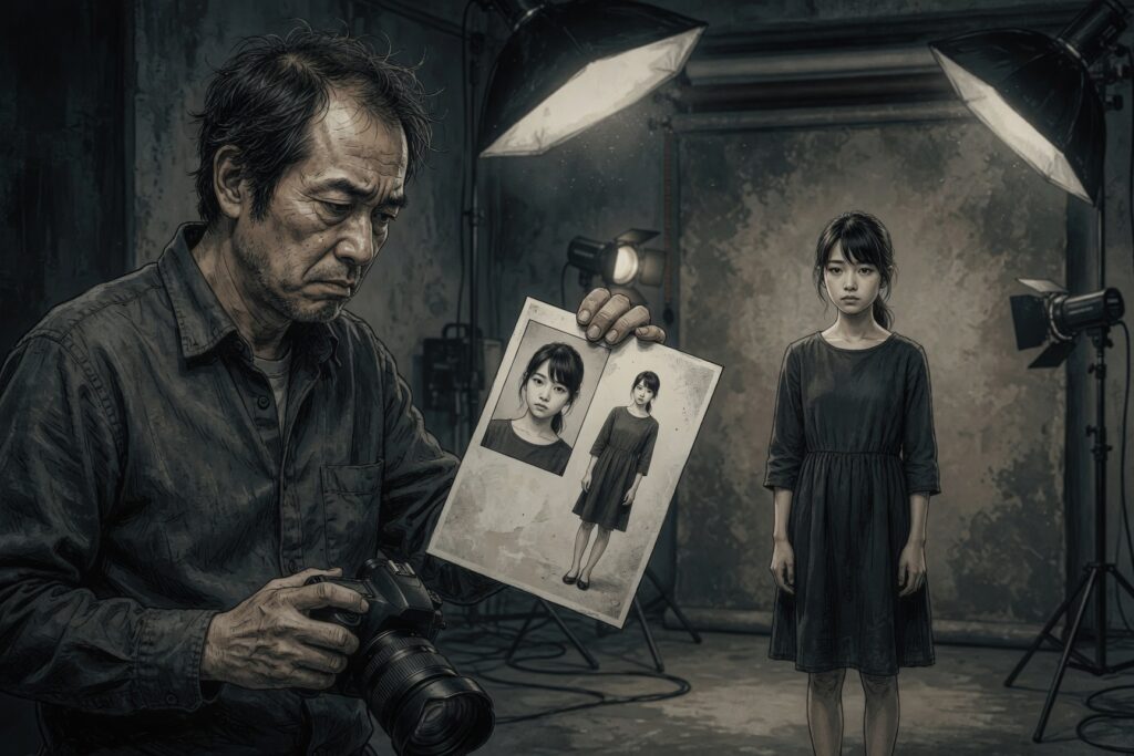 スタジオセットで宣材写真を確認するカメラマンと若手モデルのイラスト