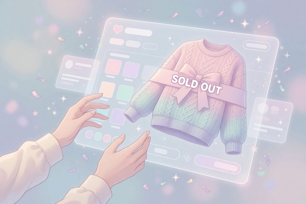 通販画面でSOLD OUTになったニットのパステルイラスト