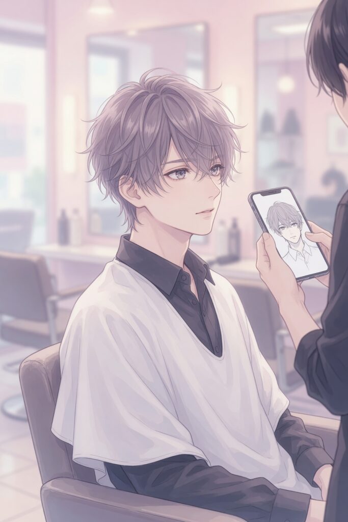 美容室でヘアカタログ画像を見せられる男性アイドルのイラスト