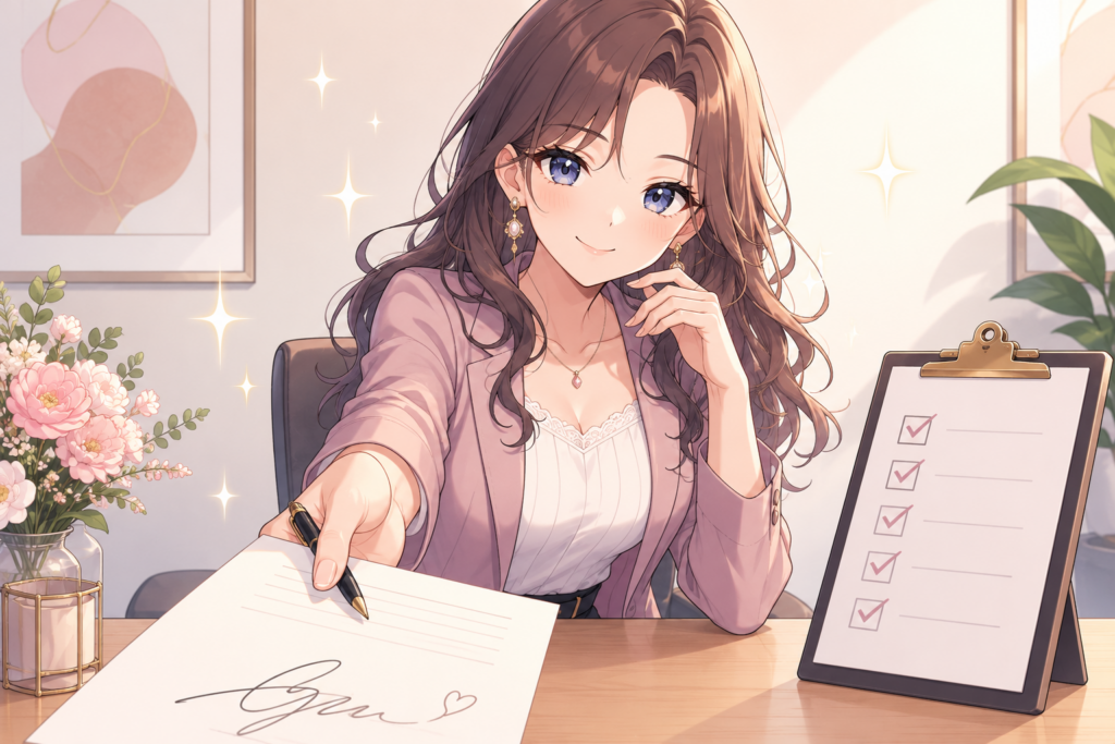 契約書とチェックリストを前に微笑む女性のイラスト