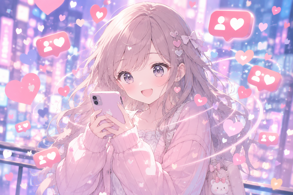 スマホを持つ女性の周りにハートとフォロワー通知が舞うイラスト