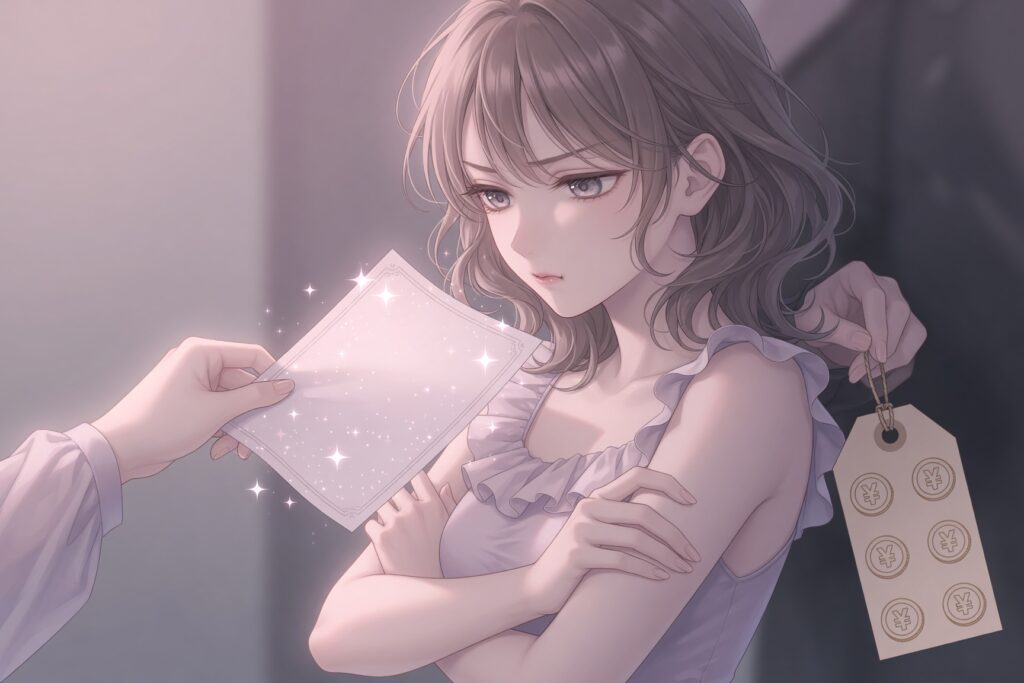 キラキラの契約書の裏で値札を隠す手と、腕を組んで警戒する女性のイラスト