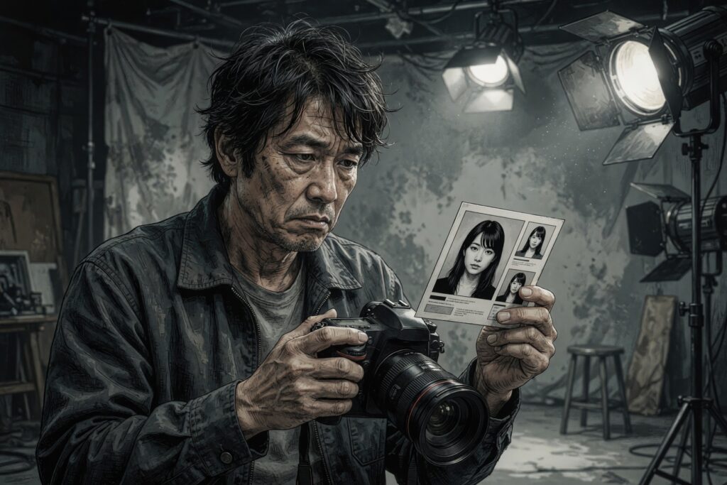 カメラを手に、宣材写真のカードを険しい顔で見比べるカメラマンのイラスト