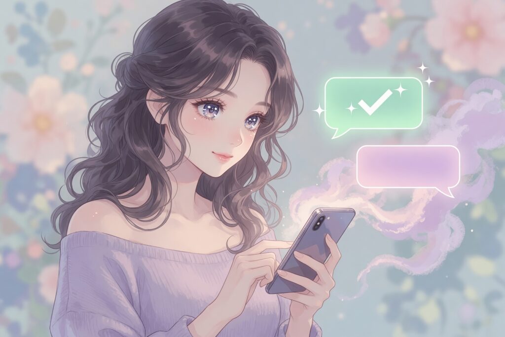 スマホで返信を打つ女性と、チェックマークが光る吹き出しと煙のように消えていく吹き出しのイラスト