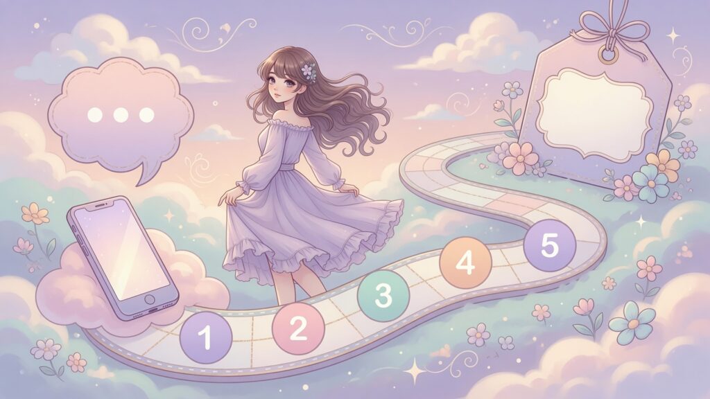 1から5の番号が並ぶすごろく状の道を歩きながら振り返る女性と、スマホと値札のイラスト