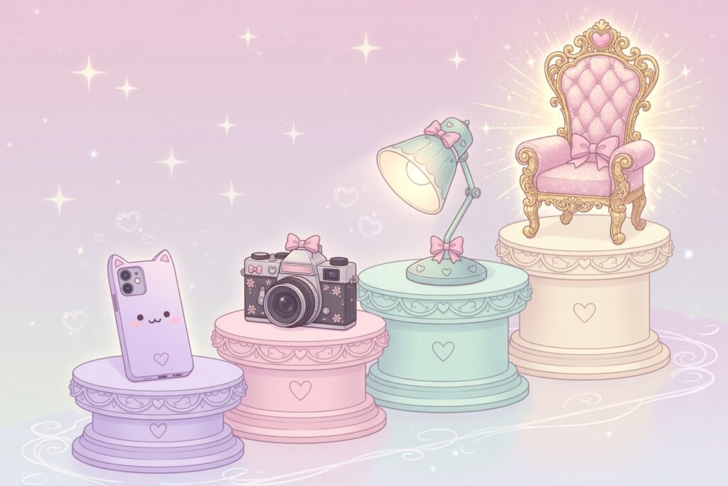 スマホ、カメラ、照明、豪華な椅子が並ぶ4段の台座で宣材写真の価格帯を表したイラスト
