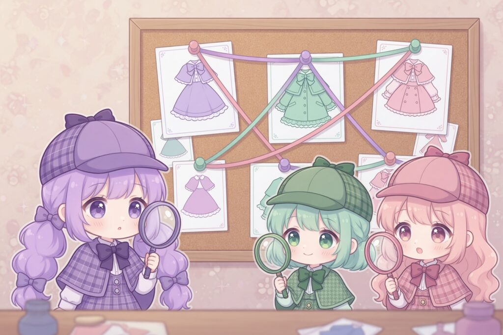 洋服カードをコルクボードで照合する3人の探偵風キャラのイラスト